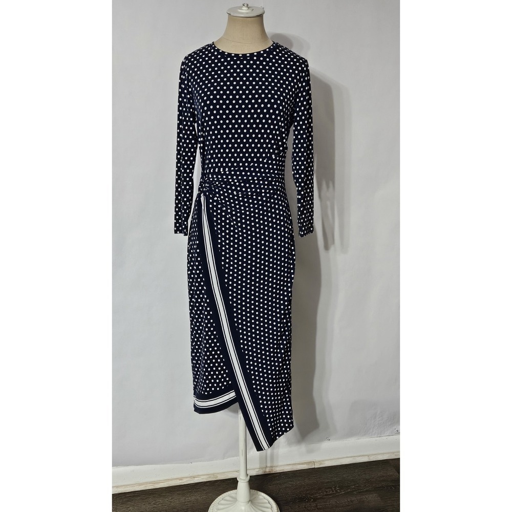 Michael Kors Asymmetrical Hem Blue White Polka-dot Midi Dress Small